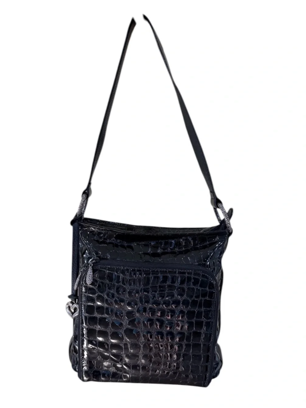 Brighton Black Croc Leather Crossbody Bag Silver Heart Charm Vintage Chic